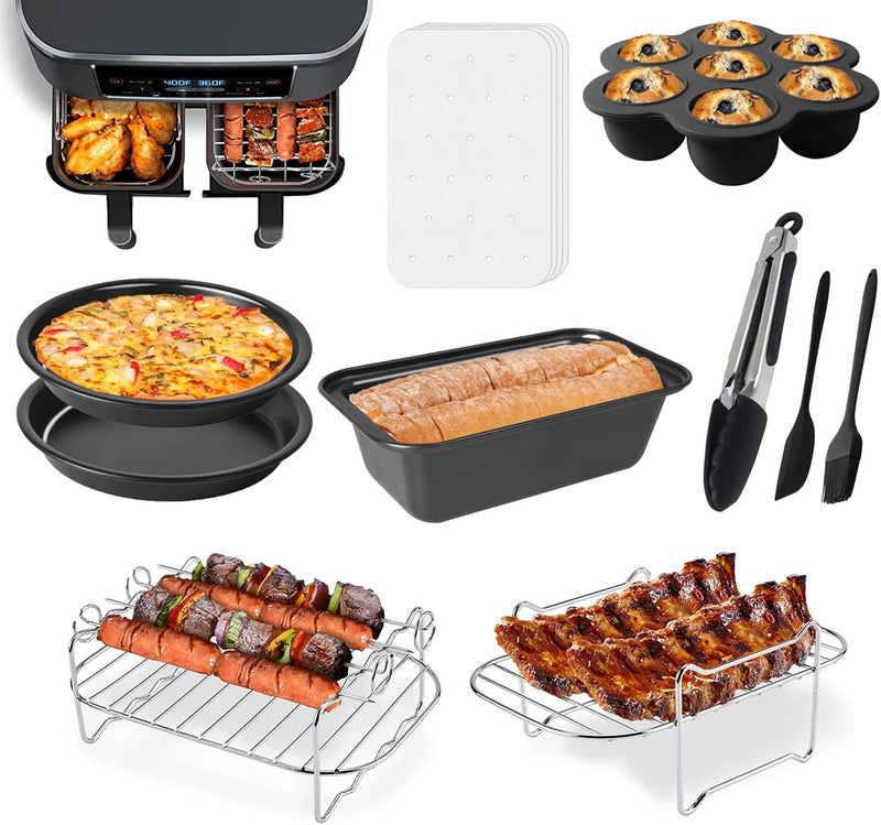 RHM Dual Basket Air Fryer Accessories, Set of 10 Fit for Ninja Dual Air Fryer DZ201, DZ401 & Most 8 Quart - 10 Quart and Larger Dual Zone Air Fryer, Include Cake Pizza Pan, Rack & Skewer, Paper Liner, etc - Image 1